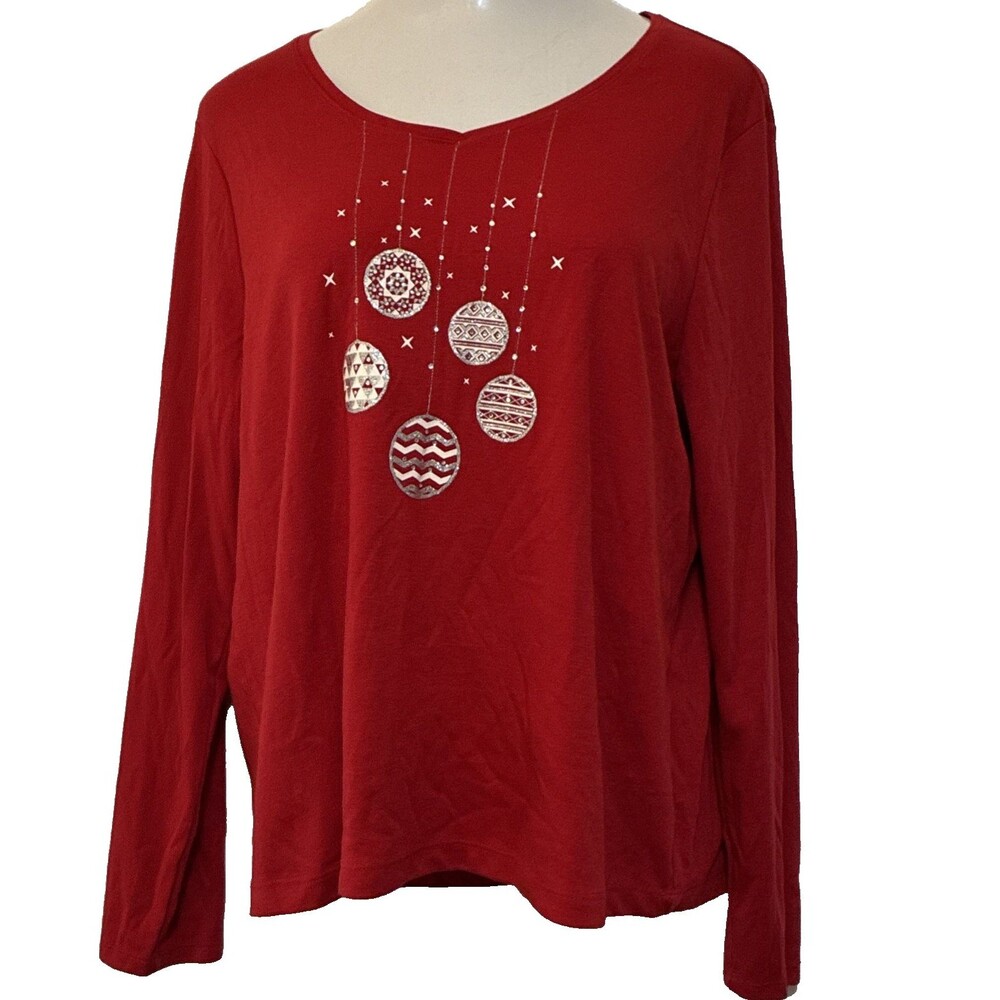 Croft & Barrow Classic Tee Red Holiday Sparkle Embellish V-neck Long Sleeve XXL